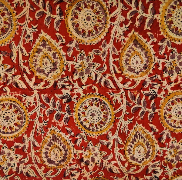 Pure Cotton Kalamkari Madder With Mustard Chakra Motif Jaal Hand Block Print Fabric