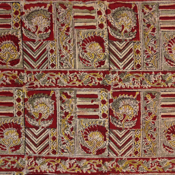 Pure Cotton Kalamkari Maroon Mustard Green Motif Blocks Hand Block Print Fabric