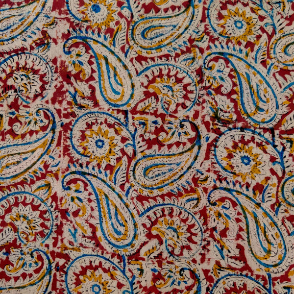 Pure Cotton Kalamkari Maroon With Blue Mustard Kairi Jaal Hand Block Print Fabric