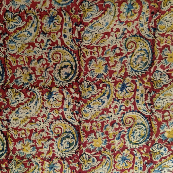 Pure Cotton Kalamkari Maroon With Mustard And Blue Kairi Jaal Hand Block Print Fabric