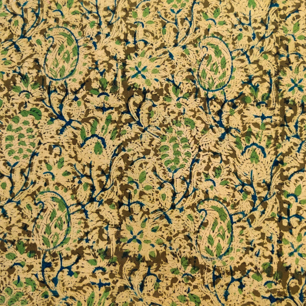 Pure Cotton Kalamkari Mehendi Cream With Blue Jaal Hand Block Print Fabric