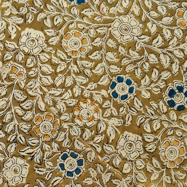 Pure Cotton Kalamkari Mehendi Green Mustard With Blue Mustard Floral Jaal Hand Block Print Fabric