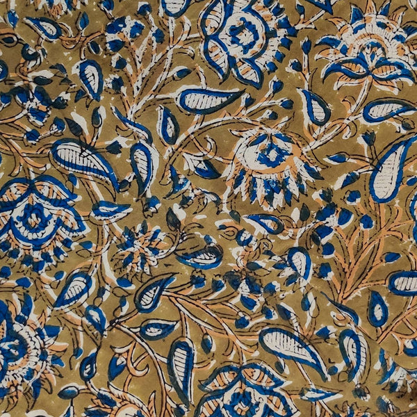 Pure Cotton Kalamkari Mehendi Green With Blue Mustard Jaal Hand Block Print Fabric