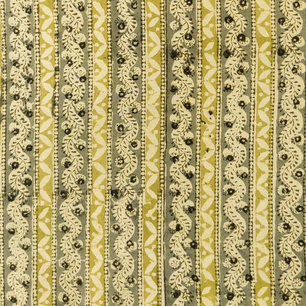 Pure Cotton Kalamkari Mustard And Grey Tribal Rustic Stripes Hand Block Print Fabric