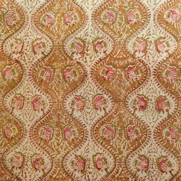 Pure Cotton Kalamkari Mustard Sandy Brown Curvy Design Jaali Hand Block Print Fabric