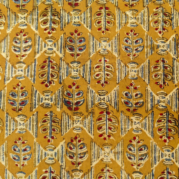 Pure Cotton Kalamkari Mustard With A Plant Motif Hand Block Print Fabric