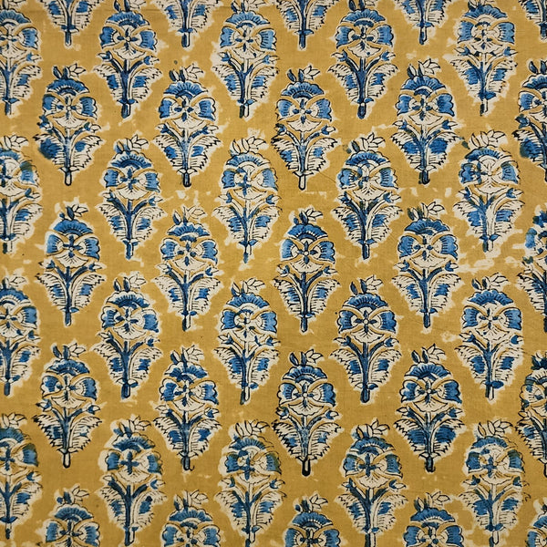 Pure Cotton Kalamkari  Mustard  With Blue Motifs Hand Block Print Fabric