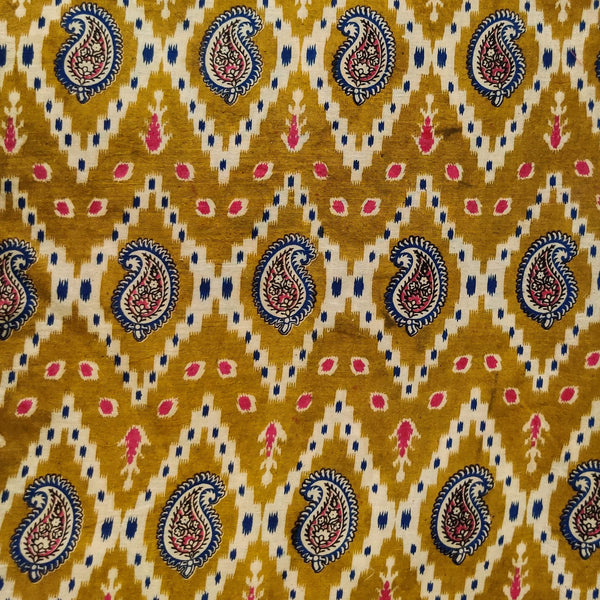 Pure Cotton Kalamkari Mustard With Diamond Ikkat With Kairi Print Fabric