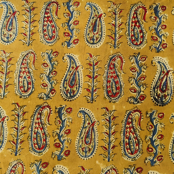 Pure Cotton Kalamkari Mustard With Intricate Kairi And A Creaper Hand Block Print Fabric