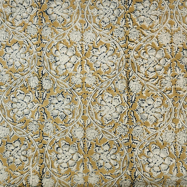 Pure Cotton Kalamkari Mustard With White Jaal Hand Block Print Fabric