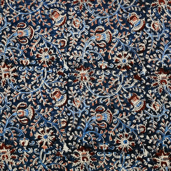 Pure Cotton Kalamkari Navy Blue With Pink And Maroon Flower Jaal Hand Block Print Fabric