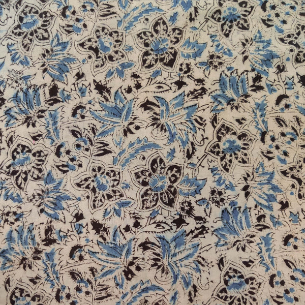 Pure Cotton Kalamkari Off Cream With Blue Black And Grey Floral Jaal Hand Block Print Fabric