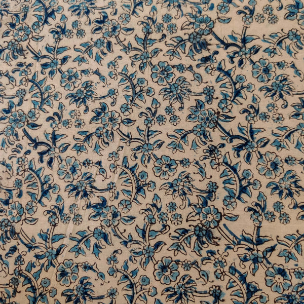 Pure Cotton Kalamkari Off Cream With Blue Leafy Jaal Hand Block Print Fabric