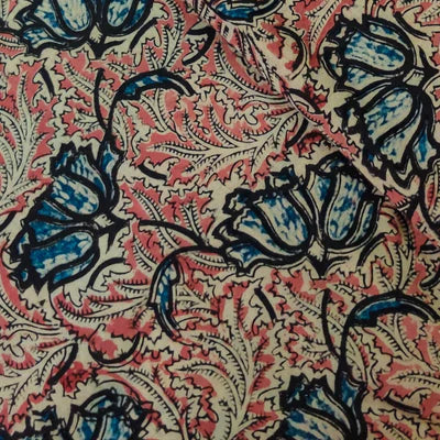 Pure Cotton Kalamkari Off Cream With Blue Pink Wild Flower Jaal Hand Block Print Blouse Fabric ( 1 Meter )