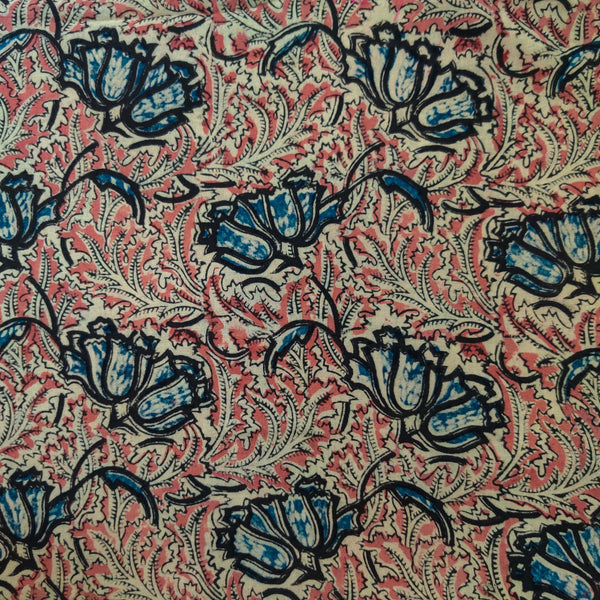 Pure Cotton Kalamkari Off Cream With Blue Pink Wild Flower Jaal Hand Block Print Fabric