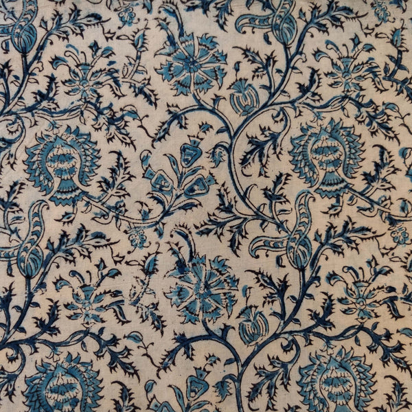 Pure Cotton Kalamkari Off Cream With Blue Wild Fruit Jaal Hand Block Print Fabric