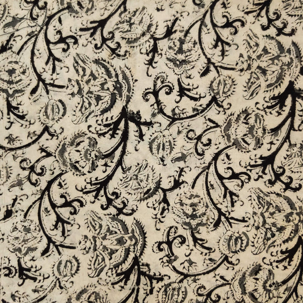 Pure Cotton Kalamkari Off White With Black And Grey Jaal Hand Block Print Fabric