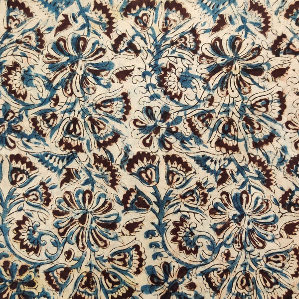 Pure Cotton Kalamkari Off White With Traditional Brown Blue Flower Jaal Hand Block Print Fabric