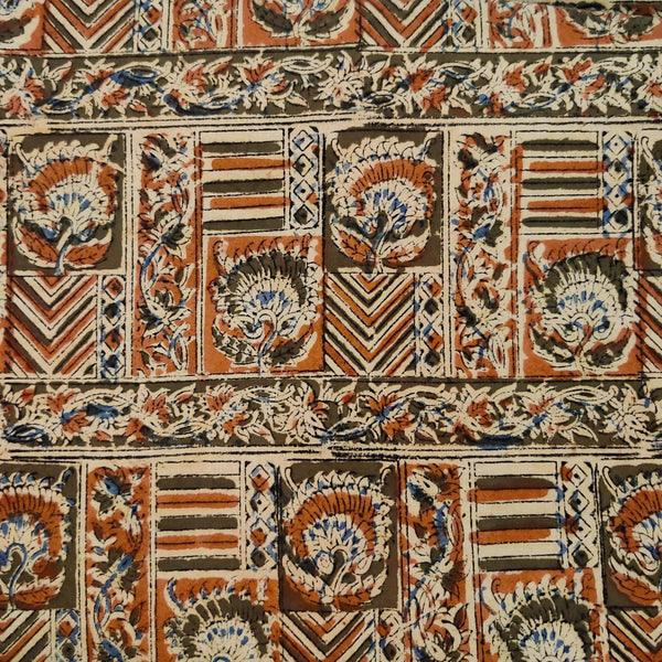 Pure Cotton Kalamkari Orange Blue Green Motif Blocks Hand Block Print Fabric