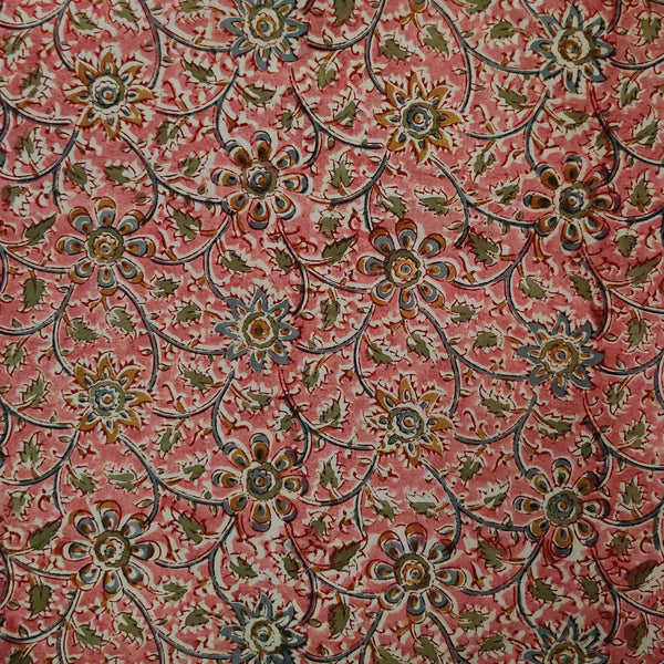 Pure Cotton Kalamkari Peach With Floral Jaal Hand Block Print Fabric