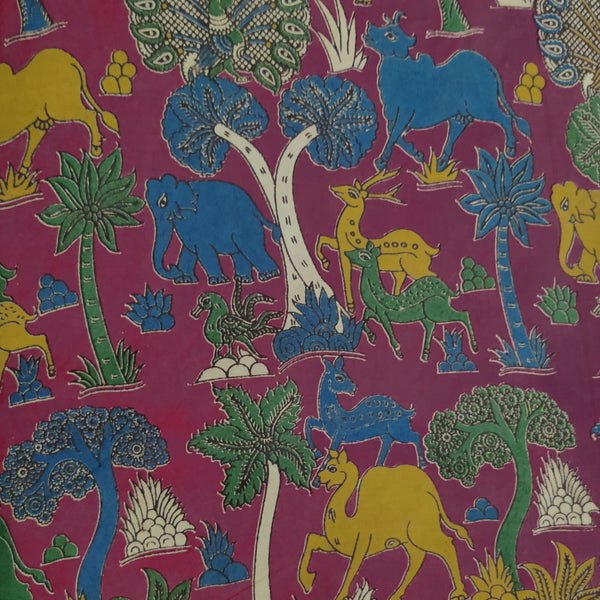 Pure Cotton Kalamkari Pink Screen Print With Elephants Camel Deer Jungle Fabric