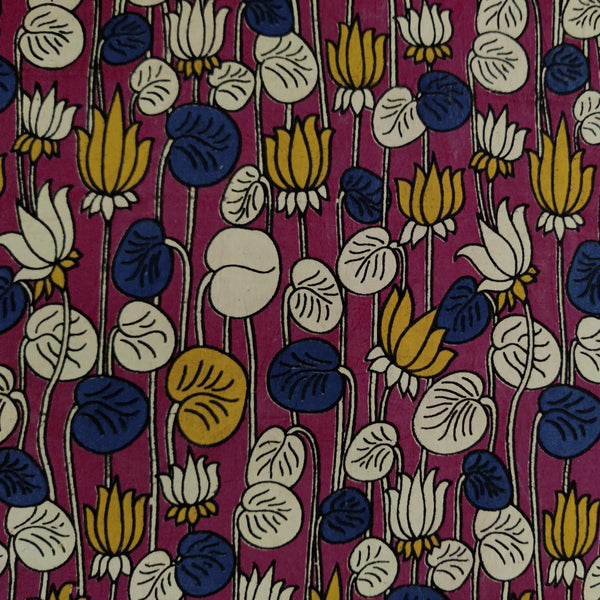 Pure Cotton Kalamkari Pink Screen Print With Yellow And Cream Lotus Hand Block Print Fabric