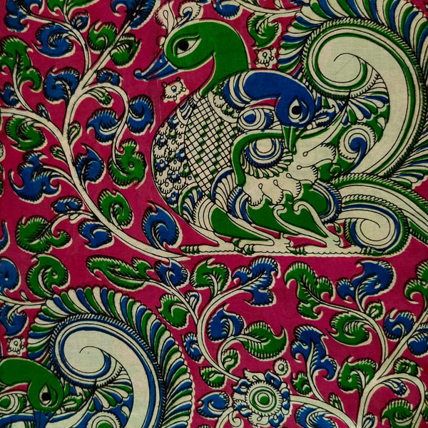 Pure Cotton Kalamkari Pink With A Big Green Intricate Peacock On A Tree Print Fabric