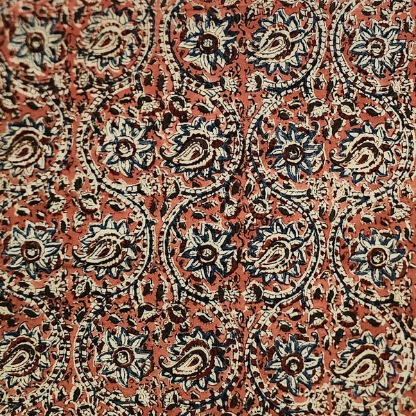 Pure Cotton Kalamkari Pink With Blue Flower Creeper Hand Block Print Fabric