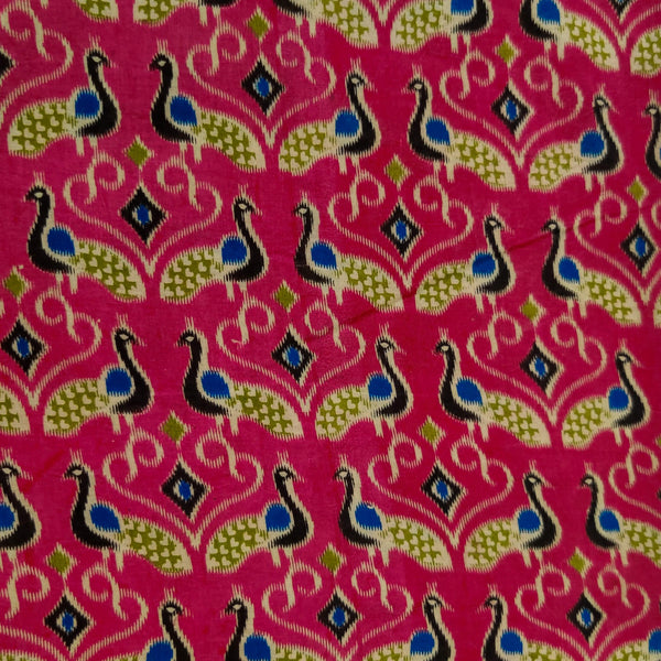 Pure Cotton Kalamkari Pink With Blue Peacock Print Fabric