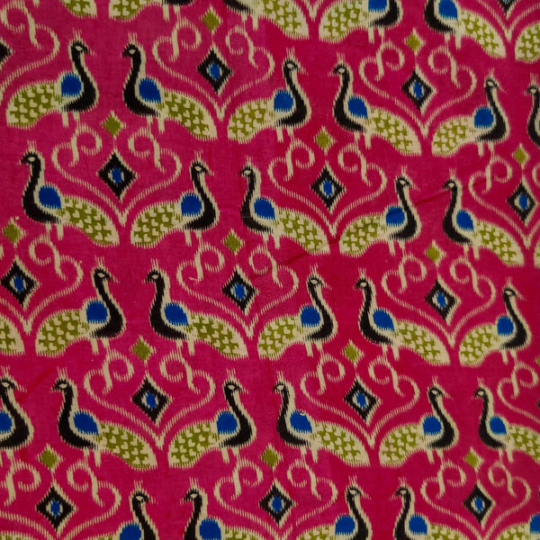 Pure Cotton Kalamkari Pink With Blue Peacock Print blouse Fabric ( 1 meter )