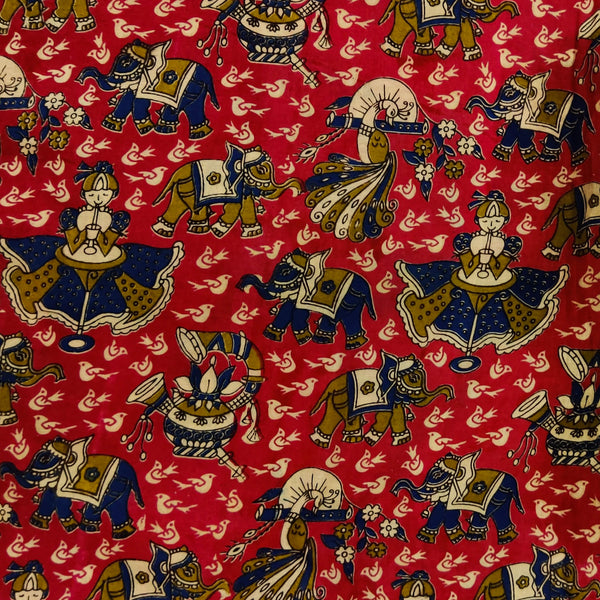 Pure Cotton Kalamkari Pink With Elephants, Clown And Birds Print Fabric