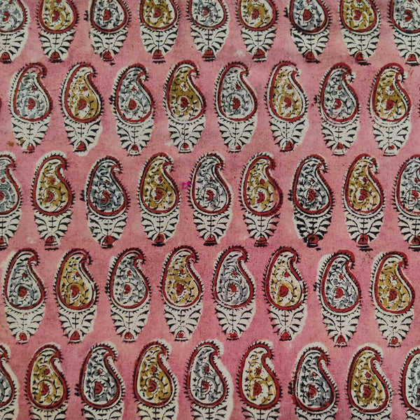 Pure Cotton Kalamkari Pink With Kairi Motifs Block Print Fabric