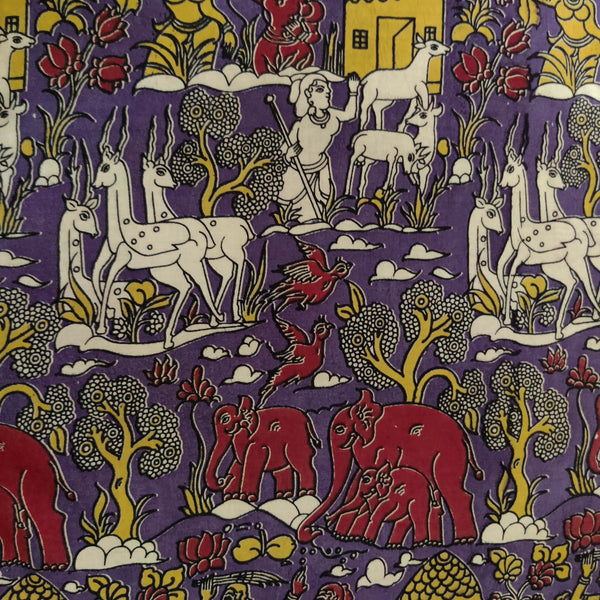 Pure Cotton Kalamkari Purple Screen Print With Jungle Fabric