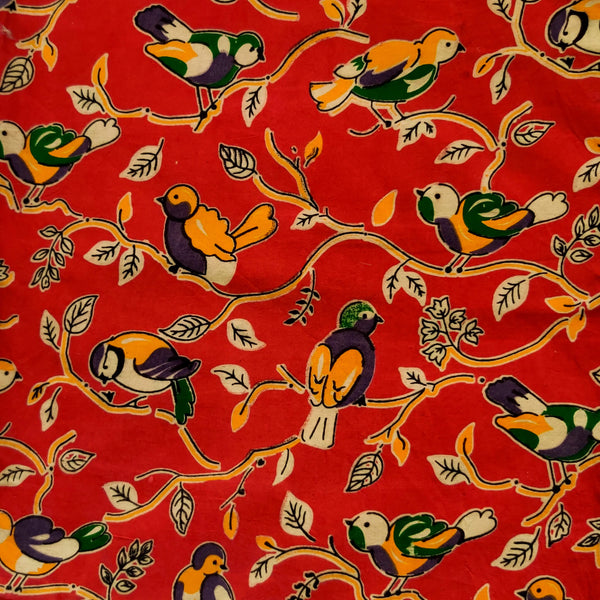 Pure Cotton Kalamkari Red With Birds On A Tree Print Fabric