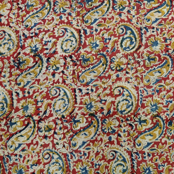 Pre-Cut (1.90 Meter )Pure Cotton Kalamkari Rust With Blue Yellow Kairi Jaal Hand Block Print Fabric