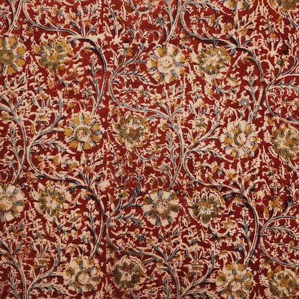 Pure Cotton Kalamkari Rust With Heavy Floral Mustard Green Blue Jaal Hand Block Print Fabric