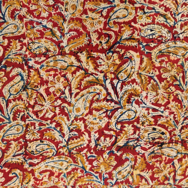 Pure Cotton Kalamkari Rust With Mustard Blue And Cream Kairi Jaal Hand Block Print Fabric