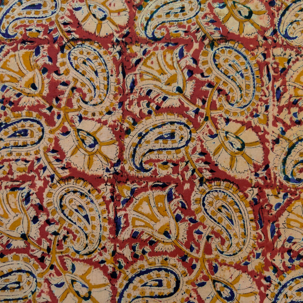 Pure Cotton Kalamkari Rust With Wild Flower And Kairi Jaal Hand Block Print Fabric