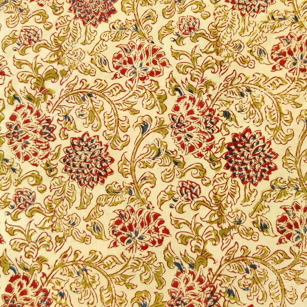 Pure Cotton Kalamkari With Maroon Dahlia Jaal Hand Block Print Fabric