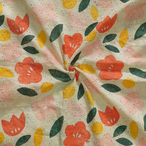 Pure Cotton Light Beige With Orange Yellow Green Pastel Pink Flowers Printed Fabric