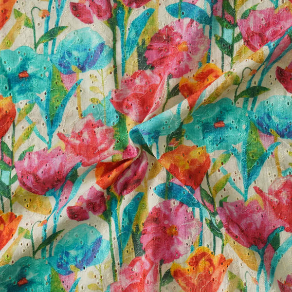 Pure Cotton Light Beige With Shades Of Blue Pink Orange Grass Flowers Printed Fabric