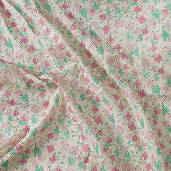 Pure Cotton Light Beige With Simple Pastel Pink Mauve And Green Light Flowers Printed Fabric