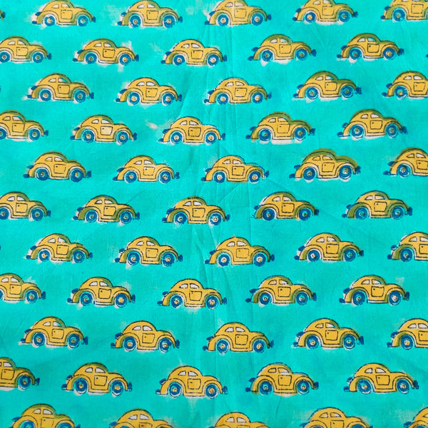 Pure Cotton Light Blue Jaipuri With Yellow Car Hand Bock Print Fabric