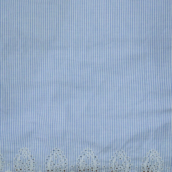 Pure Cotton Light Blue Stries Fabric With Embroidered Scallop Border Both Ends Blouse Fabric (1 Meter)