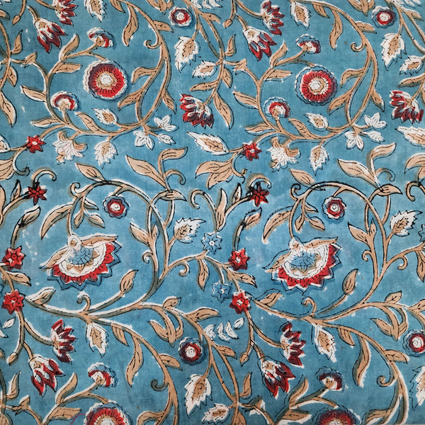 Pure Cotton Light Blue With Orange Flowers Jaal Hand Block Print Fabric