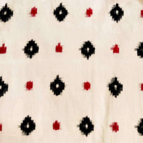 Pure Cotton Light Cream Special Double Ikkat With Black And Red Weaved Motifs Woven Fabric