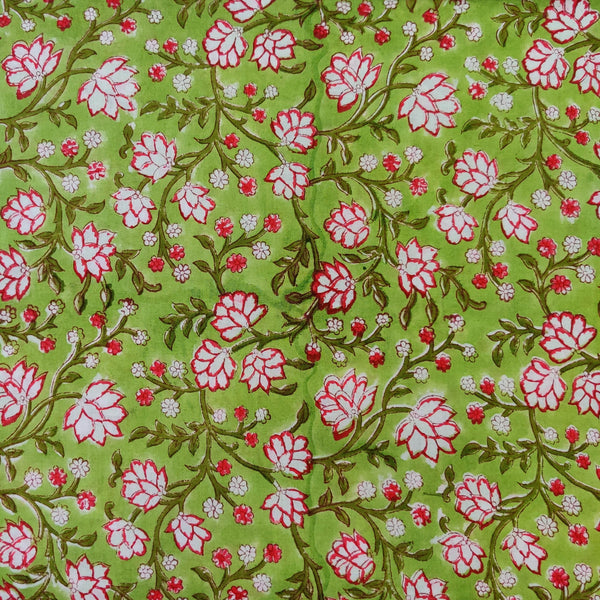 Pure Cotton Light Green With Red Dark Green Jaal Hand Block Print Fabric