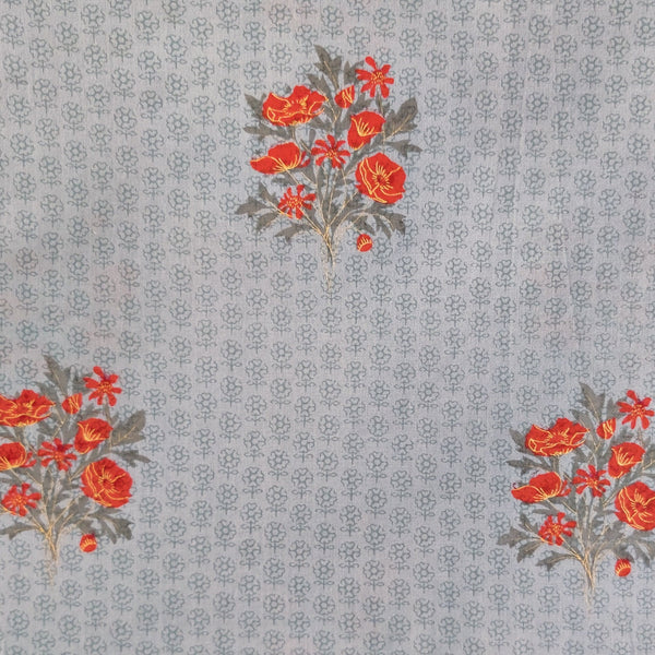 Pure Cotton Light Grey Self Design With Orange Red Flower Bouquet Screen Print Fabric