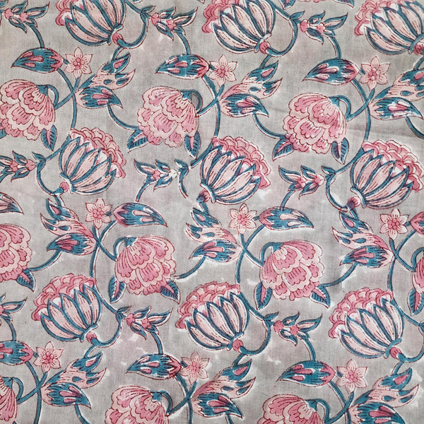 Pure Cotton Light Grey With Blue And Pink Flower Jaal Hand Block Print Fabric