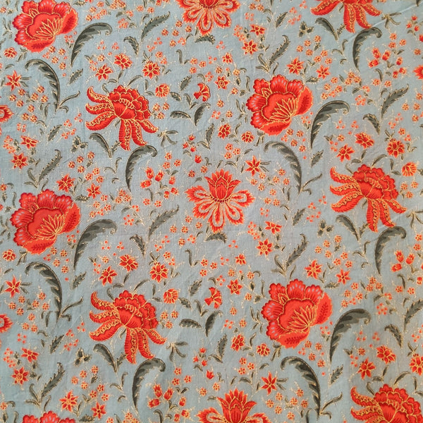 Pure Cotton Light Grey With Orange Red Flower Jaal Screen Print Fabric